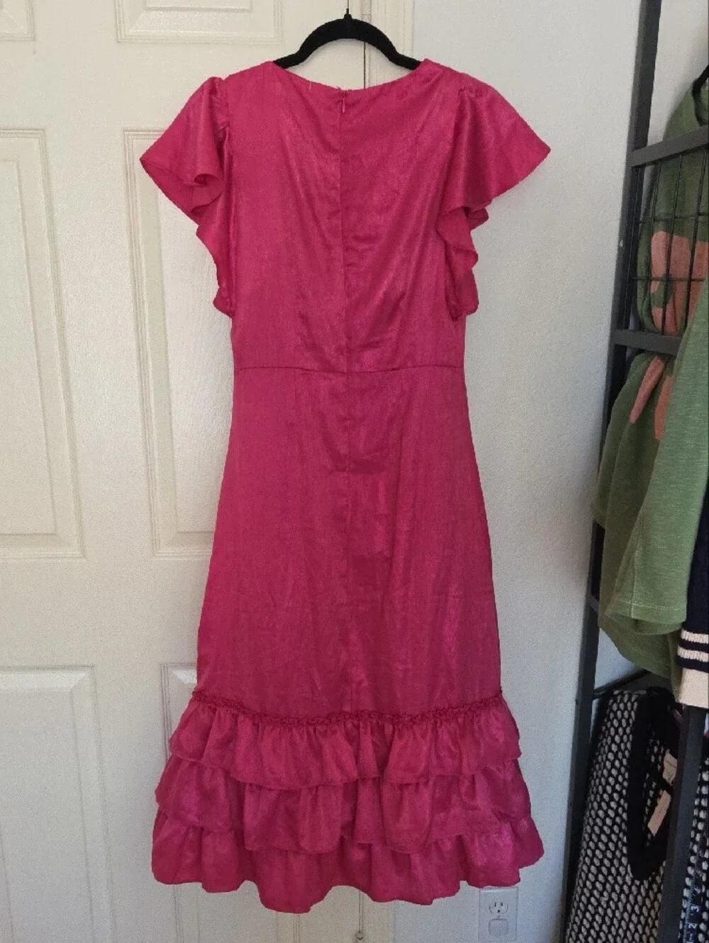 Rachel Parcell Flutter Sleeve Ruffle Sleeve Metallic Chiffom Berry Midi Dress 6 - Picture 10 of 14